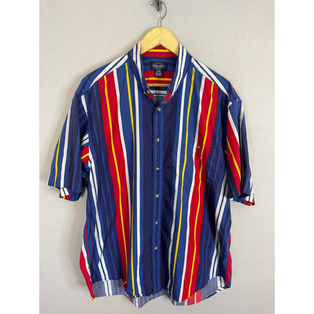Vintage‎ 90s Aca Joe Mens XL Short Sleeve Button Shirt Multi Color Stripe Cotton